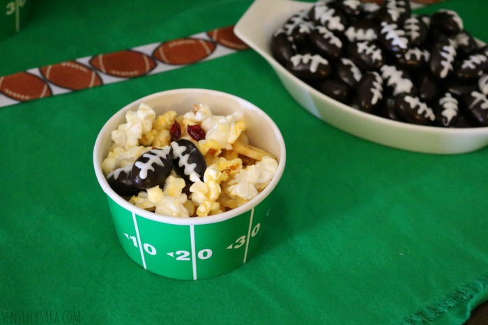 Popcorn Cups with Chocolate Almond Footballs | SensiblySara.com