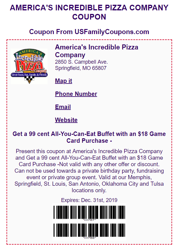 Incredible Pizza Company Coupon